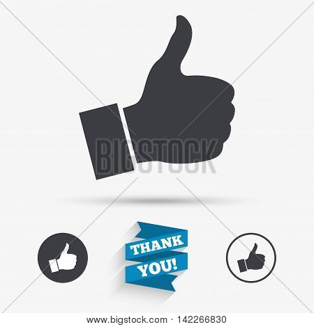 Like sign icon. Thumb up sign. Hand finger up symbol. Flat icons. Buttons with icons. Thank you ribbon. Vector
