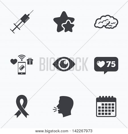 Medicine icons. Syringe, eye, brain and ribbon signs. Breast cancer awareness symbol. Human intelligent smart mind. Flat talking head, calendar icons. Stars, like counter icons. Vector