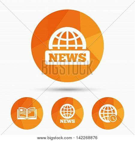 News icons. World globe symbols. Open book sign. Education literature. Triangular low poly buttons with shadow. Vector