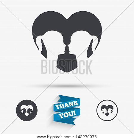 Lesbian couple sign icon. Woman love woman. Romantic homosexual relationships with heart. Flat icons. Buttons with icons. Thank you ribbon. Vector