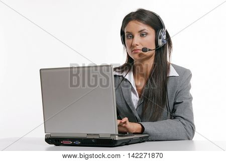 Young beautiful customer support on white background