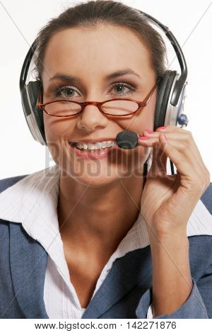 Young beautiful customer support on white background