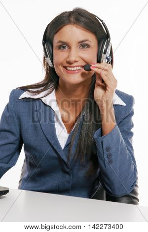 Young Beautiful customer support on white background