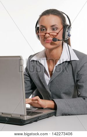 Young Beautiful customer support on white background