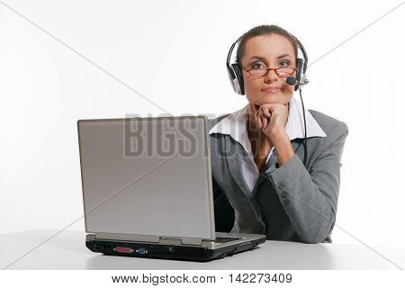 Young beautiful customer support on white background