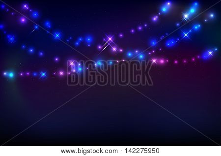 Garlands of varicoloured abstract shiny lights against a dark night starry sky - vector illustration