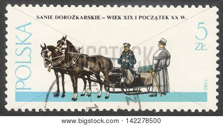 MOSCOW RUSSIA - CIRCA MAY 2016: a post stamp printed in POLAND shows a Sled coach the series 