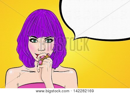 Comic girl with speech bubble. Pop Art bright girl. Party invitation. Greeting card. Hollywood movie star. Vintage advertising poster. Comic book woman style