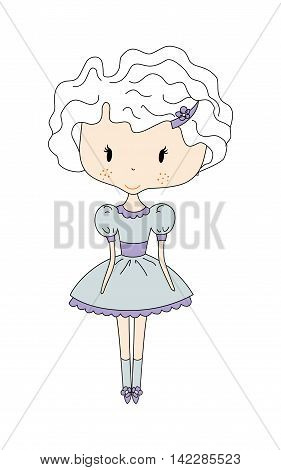 Illustration of a Cute Little Doll Girl with Flower. Design Dress. Comic book design element