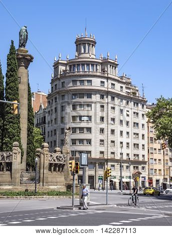 BARCELONA SPAIN - JULY 5 2016: Architecture of Verdaguer square in Barcelona Spain. Named after the Catalan-language epic poet of the Jacint Verdaguer (1845-1902). Monument built in 1912