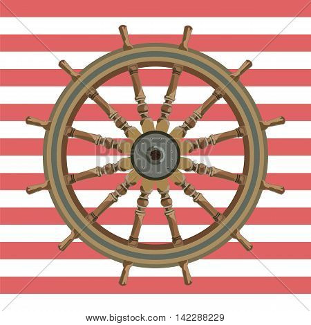 Ship steering wheal. Nautical wheel and striped background. Vector maritime theme