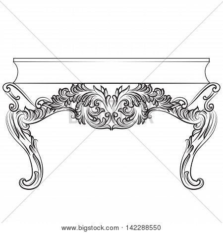 Rich Baroque commode Table with drawers. French Luxury rich carved ornaments decorated furniture. Vector Victorian Royal Style table furniture