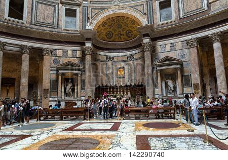 ROME ITALY - JUNE 15 2015: Pantheon in Rome Italy . Pantheon was built as a temple to all the gods of ancient Rome and rebuilt by the emperor Hadrian about 126 AD.