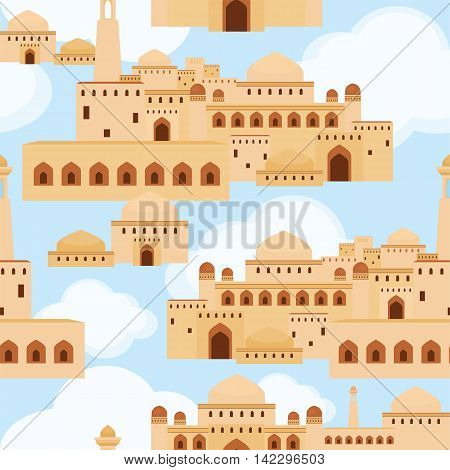Islamic seamless pattern with the image of the ancient Middle Eastern city. A mirage in the desert.