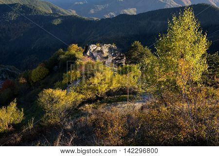 Autumn landscape with old ruined house Rodopi mountain Bulgaria