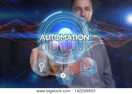 Business, Technology, Internet And Network Concept. Young Business Man Chooses The Virtual Screen: A
