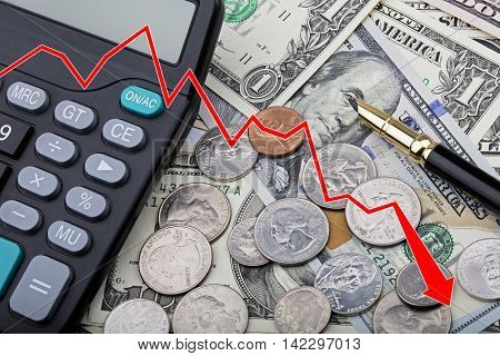 Graph showing a decline in the value of United States bank notes and coins with a calculator and pen