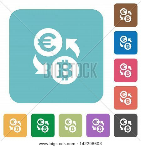 Flat Euro Bitcoin exchange icons on rounded square color backgrounds.