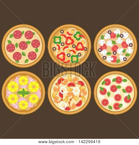 Vector different pizza set, flat design on wood background