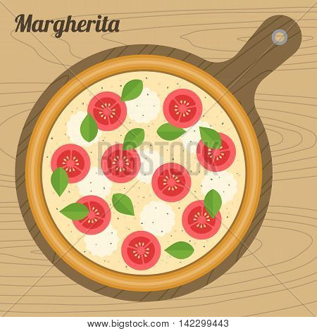 Vector margherita  pizza, flat design on wood background