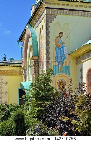 Facade of the St. Paraskeva-Pyatnitsa monastery. Built in 1867. Typical masterpiece of old russian eclecticism architecture in Dedilovo village central region of Russia.