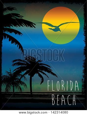 Vector illustration on the theme of surf and surf club florida Grunge background. Vintage design. Typography; t-shirt graphics; print; poster; banner; flyer; postcard