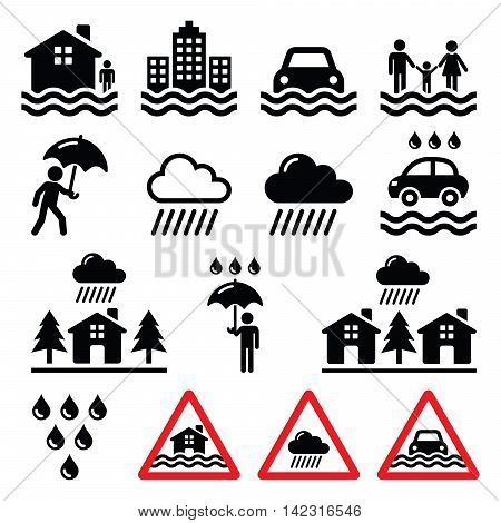 Flood, natural disaster, heavy rain icons set