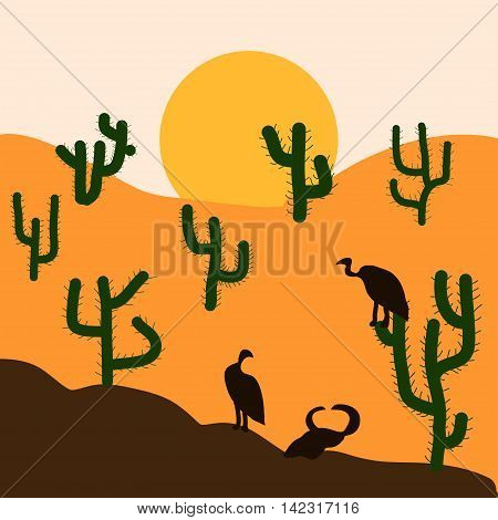Cactus plants in desert sunset background. Vector illustration.