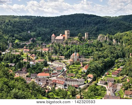 View from scenic spot on valley with Hardegg town and castle in Lower Austria.