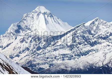 Summit of mount Dhaulagiri from Thorong La Pass on Round Annapurna trek Annapurna Circuit Mustang Nepal