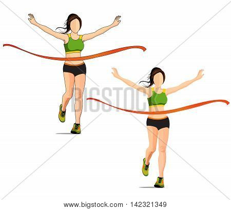 The woman winner vector in running Athletics game at finish line with white background ,isolate ,front view.