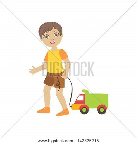 Boy Walking Dragging Toy Truck On A Srting Simple Design Illustration In Cute Fun Cartoon Style Isolated On White Background
