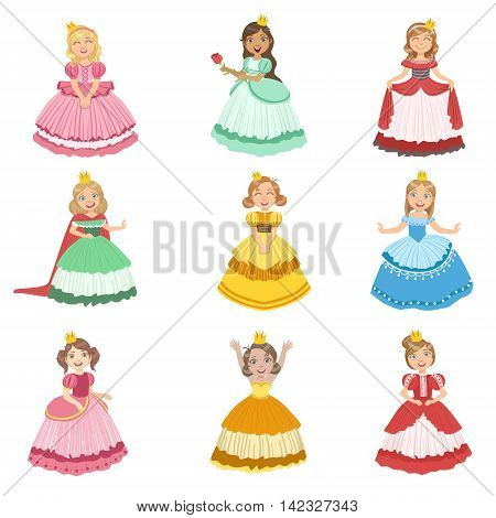 Little Girls Dressed As Fairy Tale Princesses Set Of Cute Flat Characters In Bright Colored Clothes Isolated On White Background