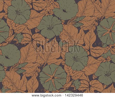 Vector seamless pattern with hand drawn bindweed flowers. Endless background in green and brown colors.
