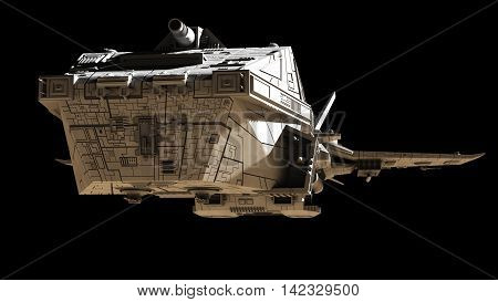 Science fiction illustration of an interplanetary spaceship, isolated on black, front angled view, digital illustration (3d rendering)