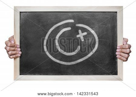 Woman hand hold grade c plus write on dirty blackboard isolated on white background