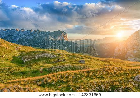 Wonderful view to mountains in the national park Durmitor. Montenegro Balkans Europe. Beauty world. Autumn Landscape jn a blue sky.