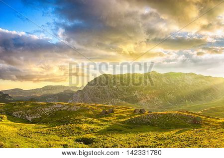 Wonderful view to mountains in the national park Durmitor. Montenegro Balkans Europe. Beauty world. Autumn Landscape jn a blue sky.