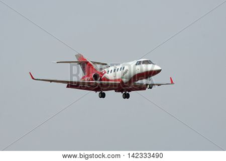 Kiev Ukraine - April 14 2012: Hawker 900XP Business Jet is landing in the airport