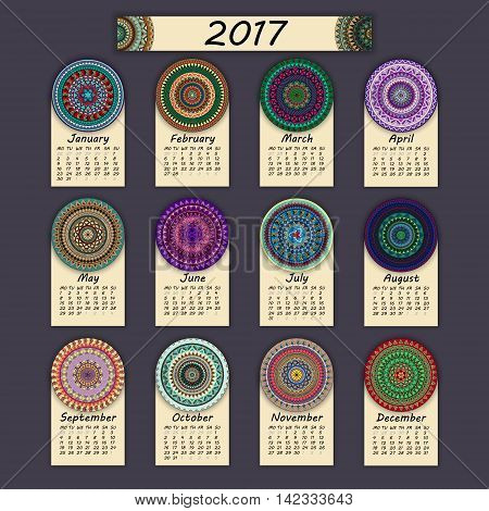 Calendar 2017. Vintage Decorative Colorful Elements. Ornamental Floral Oriental Pattern, Vector Illu
