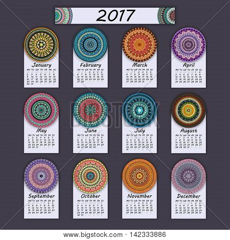 Calendar 2017. Vintage Decorative Colorful Elements. Ornamental Floral Oriental Pattern, Vector Illu