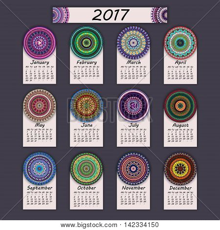 Calendar 2017. Vintage Decorative Colorful Elements. Ornamental Floral Oriental Pattern, Vector Illu