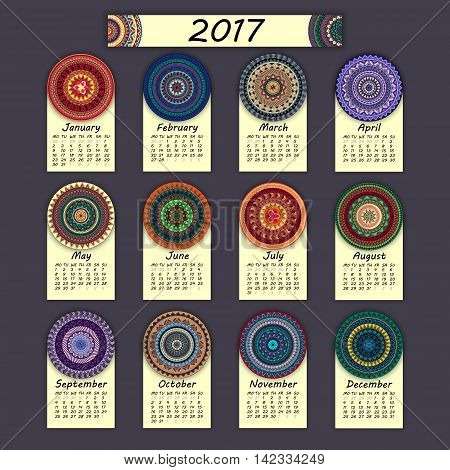 Calendar 2017. Vintage Decorative Colorful Elements. Ornamental Floral Oriental Pattern, Vector Illu