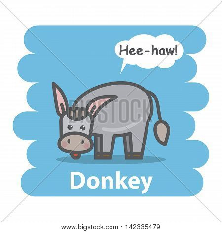 Donkey vector illustration on isolated background.Cute Cartoon donkey farm animal character speak Hee-how on a speech bubble.From the series what the say animals