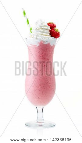 Glass Of Strawberry Milkshake With Whipped Cream And Fresh Strawberries, Isolated On White