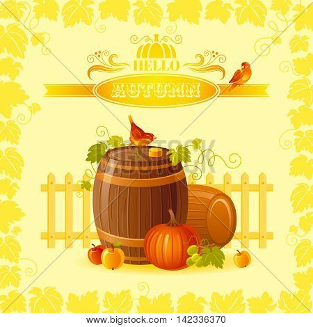 Thanksgiving vector illustration of beautiful autumn still life on sunny background with modern elegant text lettering, copy space. Countryside fall farm symbol - wine cask, cider apple, pumpkin