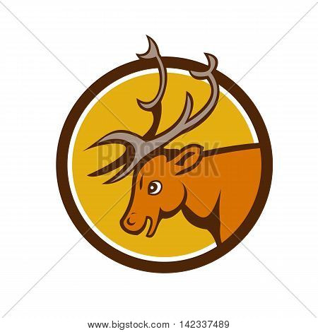 Illustration of a stag deer buck head viewed from the side set inside circle on isolated background done in cartoon style.
