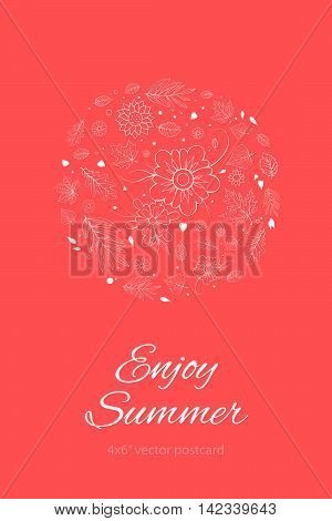 Red Spring or Summer Leaves and Flowers Design Template. 4x6 inches postcard design mockup. Colorful Spring Romantic Postcard.