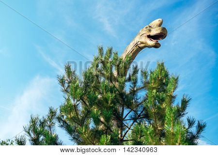 NOVI SAD SERBIA - AUGUST 7 2016: Brachiosaurus life size model of prehistoric animal in theme entertainment Dino Park. This was the largest known dinosaur estimated at 26 metres.