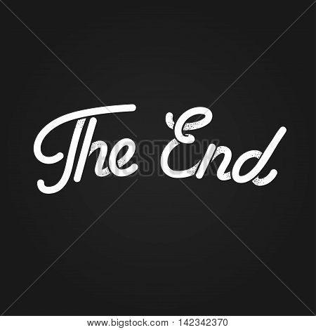 The End stylized vintage lettering. Black and white retro movie ending screen. Old cartoon vector background.